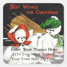 Vintage Sledding Snow People Address Label Square Stickers