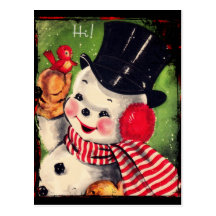 Vintage Snowman with a Red Bird Post Card