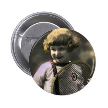 Vintage Sports, Happy Girl Holding a Tennis Racket Button