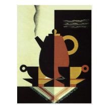 Vintage Steaming Coffee Pot with Coffee Cups Post Card