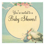 Vintage Stork Baby Boy Blue Blanket Baby Shower Personalized Invitations