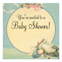 Vintage Stork Baby Boy Blue Blanket Baby Shower Personalized Invitations