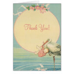 Vintage Stork Baby Girl in Pink Blanket, Thank You Greeting Cards