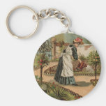 Vintage style country garden scene key chain