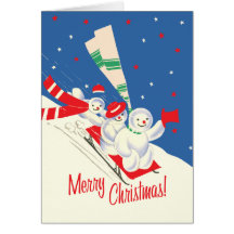 Vintage-Style Sledding Snowmen Christmas Card