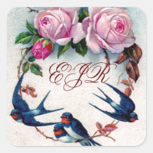 vintage swallows and roses on cyan sticker