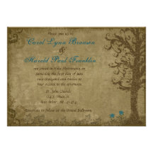 Vintage Swirl Tree with Writing Blue and Brown Wed Custom Invites