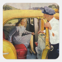 Vintage Taxi Cab Driver and Passenger Square Stickers