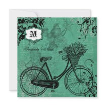 Vintage Teal Bicycle Square Wedding Invitation
