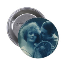 Vintage Tennis Love; Blue Tones Pinback Buttons