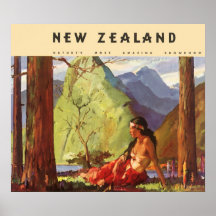 Vintage Travel Poster, New Zealand Native Woman