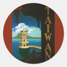 Vintage Travel Poster, Taiwan Pagoda Tiered Tower Round Sticker