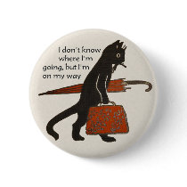 Vintage Travelling Black Cat Round Button Pin