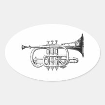 Vintage Trumpet Wood Engraving Oval Stickers