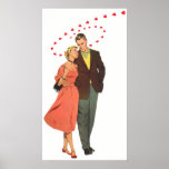 Vintage Valentine Walking with Floating Hearts Poster