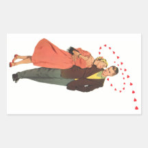 Vintage Valentine Walking with Floating Hearts Rectangle Stickers