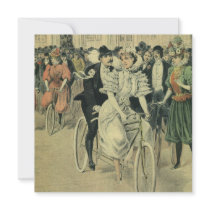 Vintage Victorian Bride and Groom on a Bike Custom Invites
