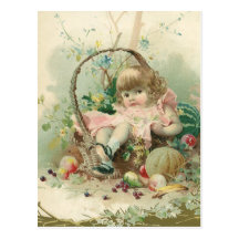 Vintage Victorian Child, Girl Spring Fruit Basket Postcard
