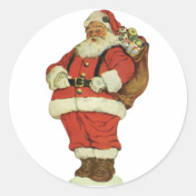Vintage Victorian Die Cut Jolly Santa Claus w Toys Round Stickers