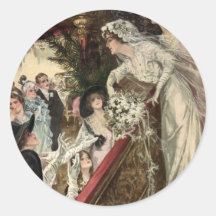 Vintage Victorian Newlywed Bride Tossing Bouquet Round Sticker