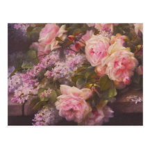 Vintage Victorian Pink Roses and Lilacs Postcard