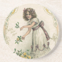 Vintage Victorian Valentine's Day Girl with Roses Beverage Coaster