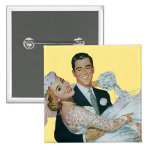Vintage Wedding, Groom Carrying Bride, Newlyweds Pinback Buttons