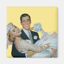 Vintage Wedding, Groom Carrying Bride, Newlyweds Refrigerator Magnets