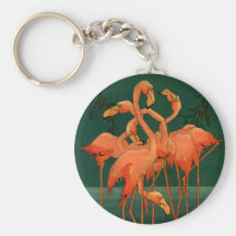 Vintage Wild Animals Birds, Pink Flamingos Tropics Keychain