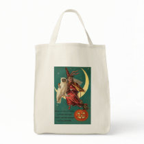 Vintage Witch and Owl Organic Grocery Tote Canvas Bags