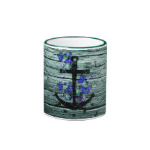 Vintage Wood & Black Anchor With Blue Butterflies Coffee Mug
