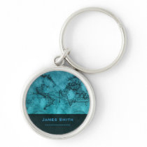 Vintage World Maps Custom Name Blue Key Chains