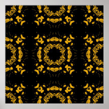 Vintage Yellow, Black Floral Damasks Retro Pattern Print