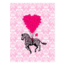 Vintage zebra & pink  heart balloons postcards