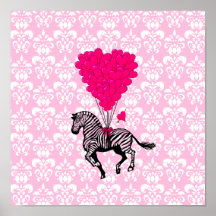 Vintage zebra & pink  heart balloons print