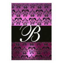 VIOLET PURPLE BLACK DAMASK MONOGRAM RSVP white Personalised Announcement