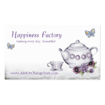 violets tea cup teapot butterflies business card