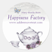 violets tea cup teapot gift tag sticker, Happin...