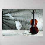 Violin with music sheets floating poster