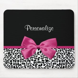 Vivacious Dark Pink Ribbon Leopard Print With Name Mouse Pad