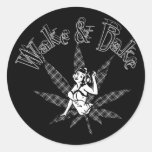Wake And Bake Retro Lady Grey Plaid Round Sticker