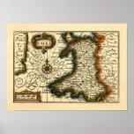 Wales - Historic 17th Century Map of Wales Poster