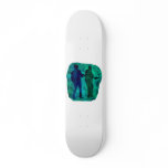 Watercolour sillouttes of two guitar players teal skateboards