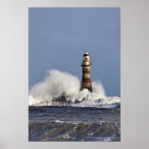 Waves Crashing Against Roker Lighthouse Print