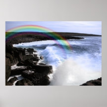waves crashing on coast cliffs with rainbow poster