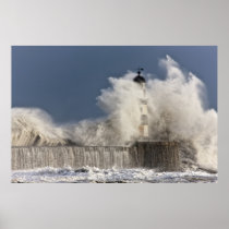 Waves Crashing Up Against A Lighthouse Posters