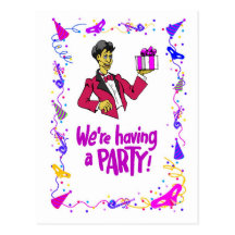 We are having a party, man with parcel post card