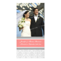 Wedding Announcement Photo Card Coral Grey Damask