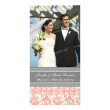 Wedding Announcement Photo Card Coral Grey Damask