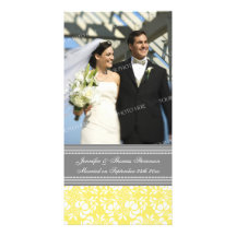 Wedding Announcement Photo Card Lemon Grey Damask